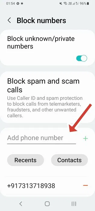 Thêm số điện thoại để chặn cuộc gọi spam và lừa đảo trong Samsung Galaxy.