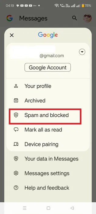 Tùy chọn Spam and blocked trong ứng dụng Google Messages.