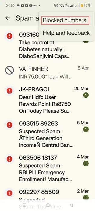 Nhấp vào Blocked numbers trong Spam and block list trong Google Messages.