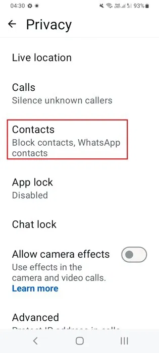 Kiểm tra Contacts trong Privacy trên WhatsApp.