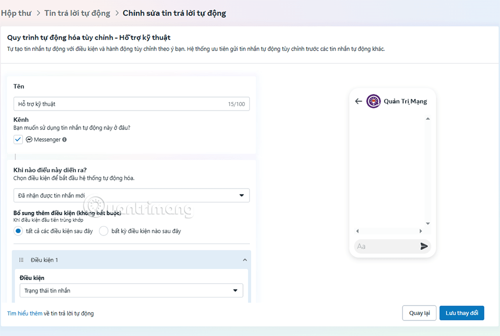cách thiết lập trả lời tự động trên Facebook