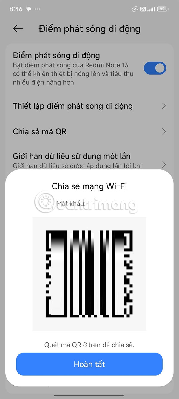 Mã QR chia sẻ mạng 4G Android