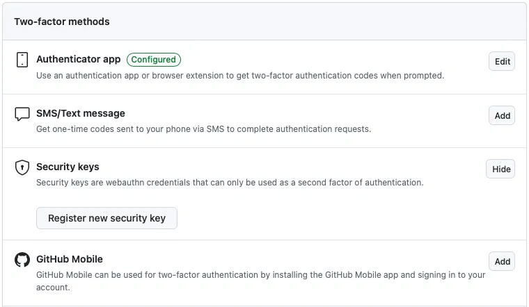 Các tùy chọn MFA khác nhau trong Github.