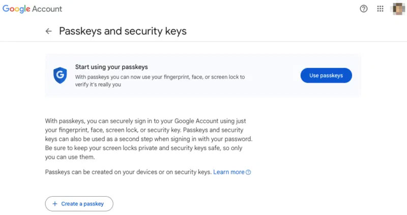 Màn hình mặc định để thêm khóa mật khẩu vào tài khoản Google.