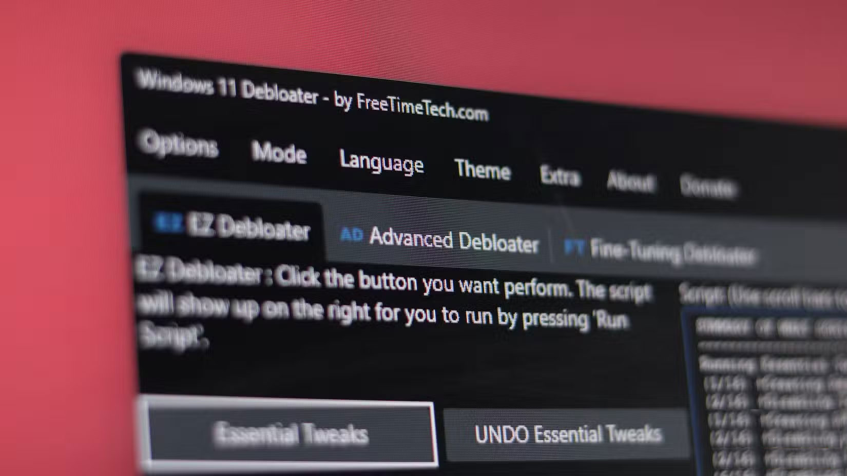 Windows 11 Debloater mở trên Windows