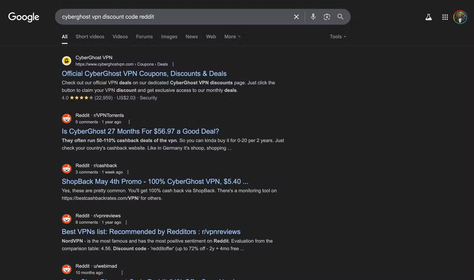 Kết quả tìm kiếm trên Google cho mã giảm giá Cyberghost VPN