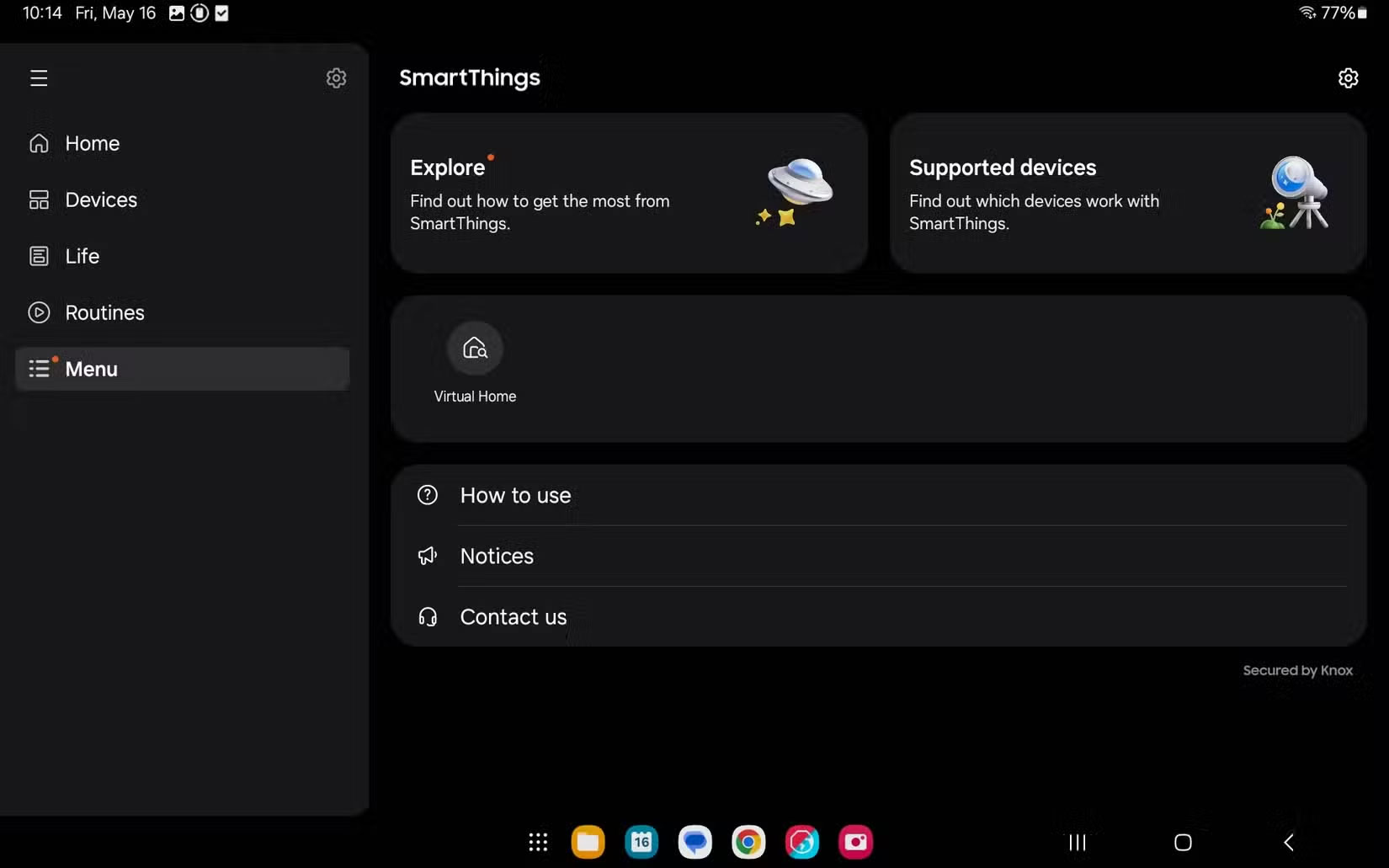 Menu của ứng dụng SmartThings, có các tùy chọn để khám phá ứng dụng, cách sử dụng app và các thiết bị được hỗ trợ