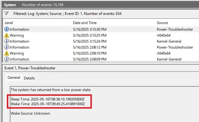 Kiểm tra Sleep Time và Wake Time trong Event Viewer.