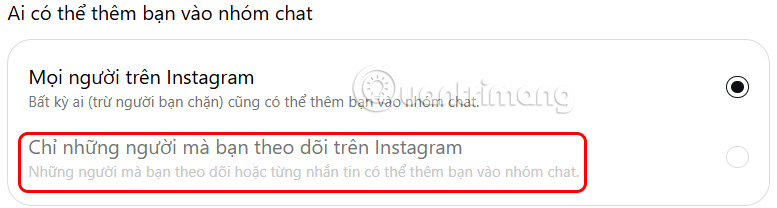 Chế độ thêm vào nhóm chat Instagram PC
