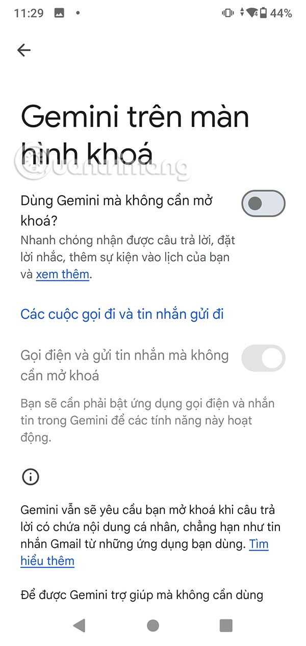 Tắt Gemini gọi từ màn hình khóa