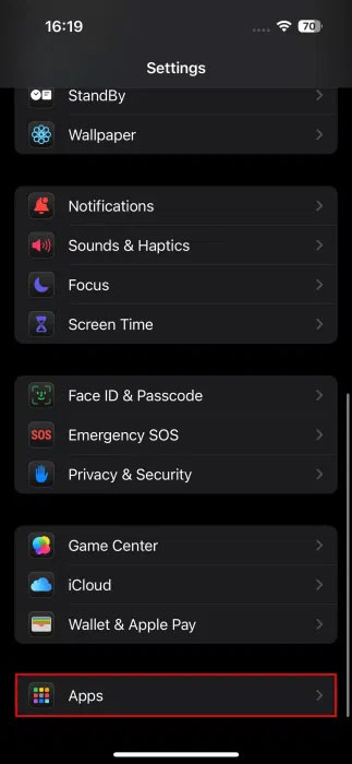Nhấn vào Apps trong cài đặt iPhone.