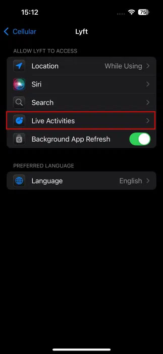 Nhấn vào Live Activities trong cài đặt ứng dụng trên iPhone.