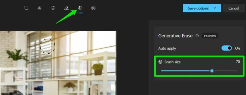 Công cụ Generative Erase và cài đặt brush của công cụ này trong Photos