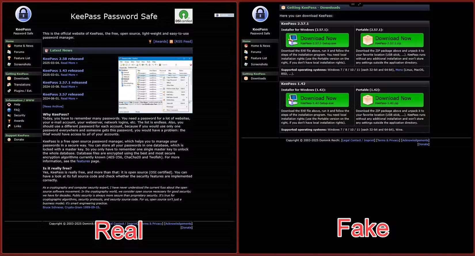 Trang web thật và giả cung cấp trình quản lý mật khẩu KeePass