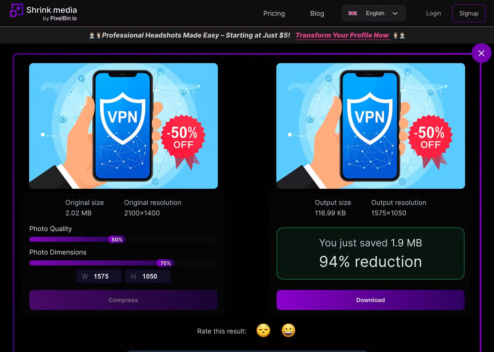 Kết quả nén ảnh trên công cụ Shrink.media