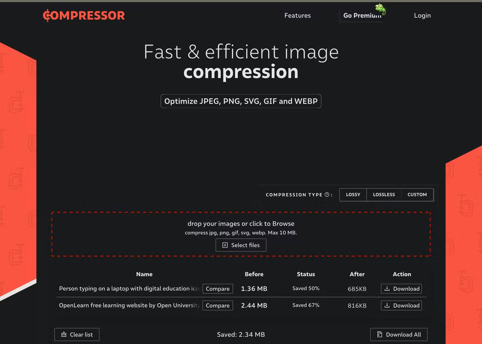 Trang web nén ảnh Compressor.io