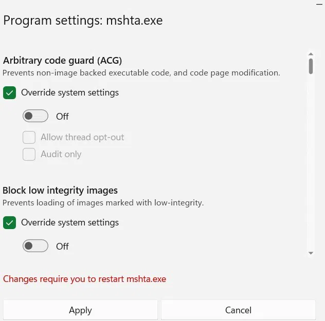 Tắt tất cả các policy mshta.exe trong Windows Security.