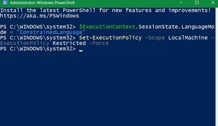 Đặt "Constrained Language Mode" trong PowerShell.