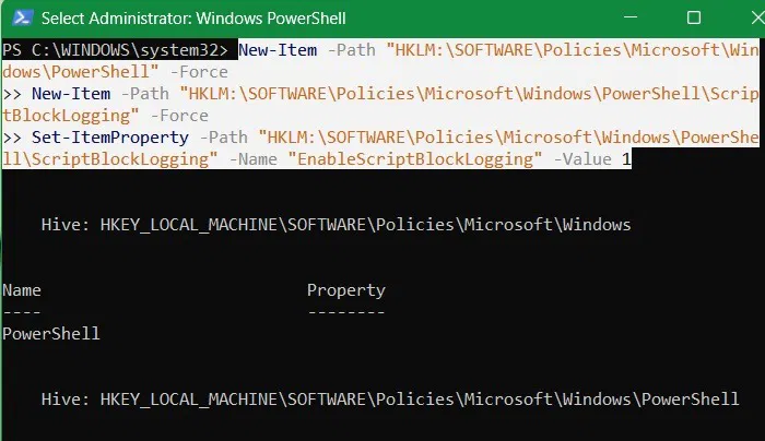 Tạo đường dẫn registry bị thiếu cho "PowerShell" và "ScriptBlockLogging" trong PowerShell.