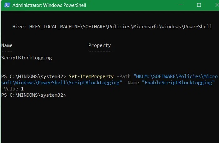 Giá trị "ScriptBlockLogging" được đặt thành 1 trong PowerShell. Lệnh này sẽ chặn các script không mong muốn.