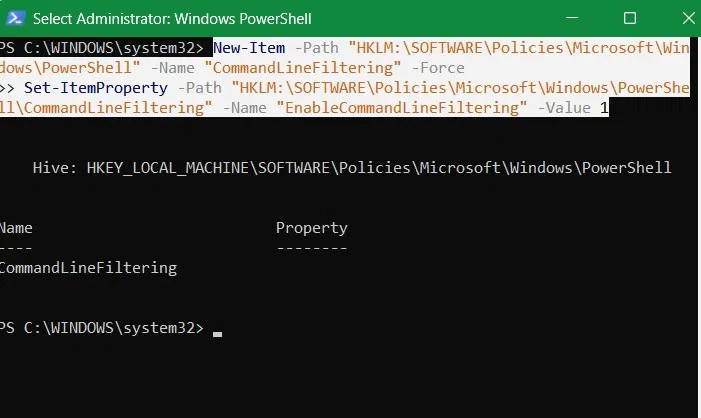 "Command Line Filtering" được bật trong PowerShell