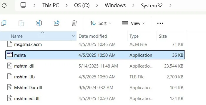 File ứng dụng mshta.exe có thể xem được trong thư mục System32.