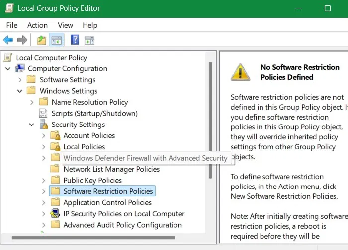 Xem "Software Restrictions Policies" trong Local Group Policy Editor trong Win 11 Pro.