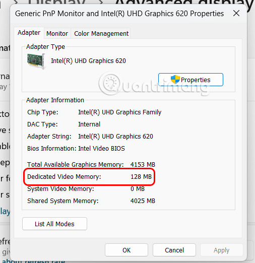 Kiểm tra dung lượng VRAM Settings