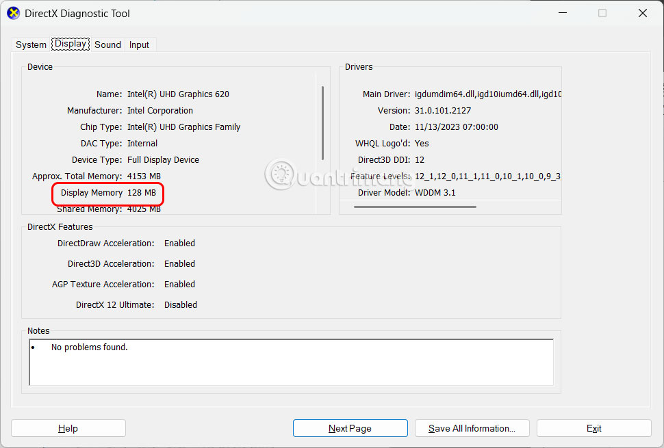 Kiểm tra dung lượng VRAM qua DirectX