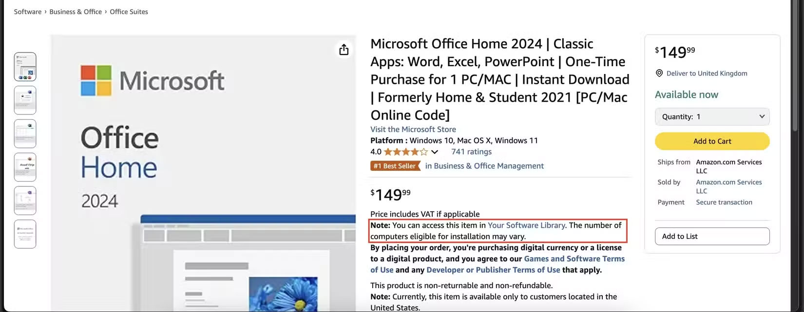Trang phần mềm Microsoft Office trên Amazon
