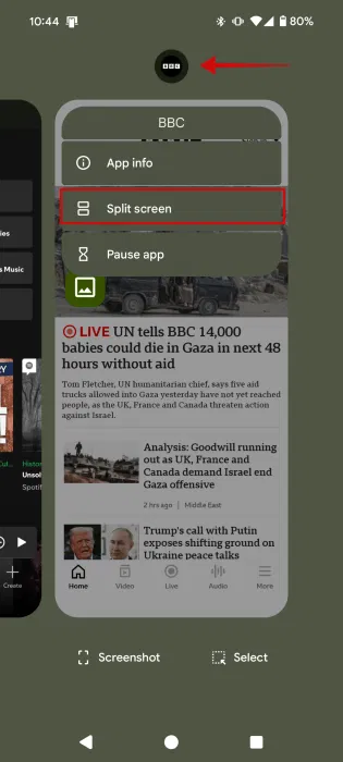 Nhấn giữ vào biểu tượng ứng dụng trong màn hình ứng dụng gần đây của Android và chọn Split screen.