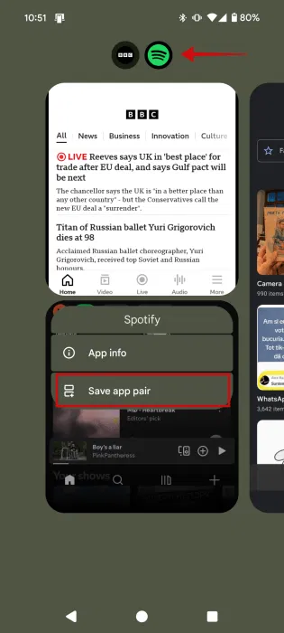 Nhấn vào tùy chọn Save app pair trong màn hình ứng dụng gần đây của Android.