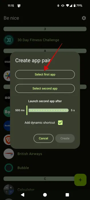 Nhấn vào tùy chọn Select first app trong ứng dụng Be Nice trên Android.