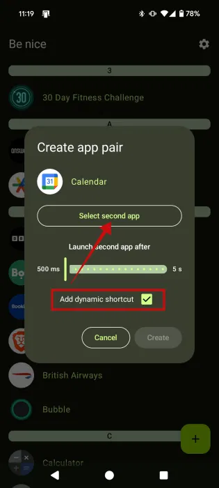 Nhấn vào tùy chọn Add dynamic shortcut trong ứng dụng Be Nice trên Android.