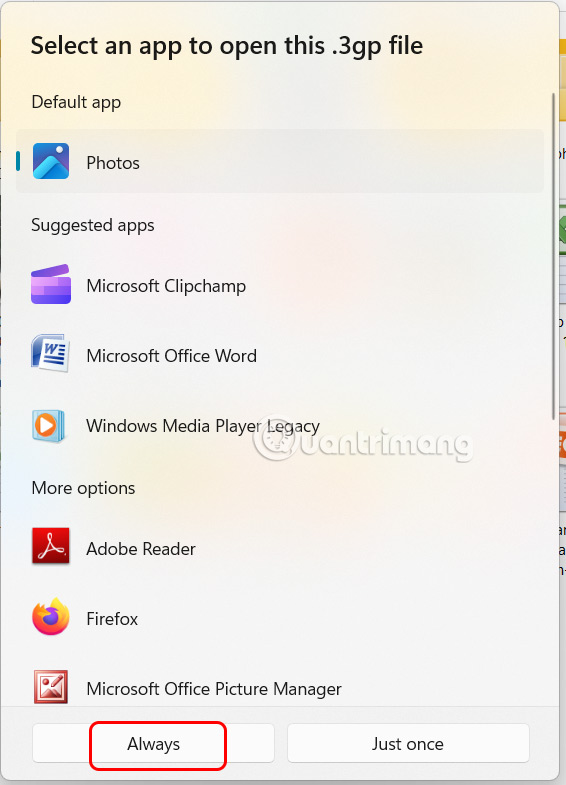 Chọn trình phát video mặc định Windows 11