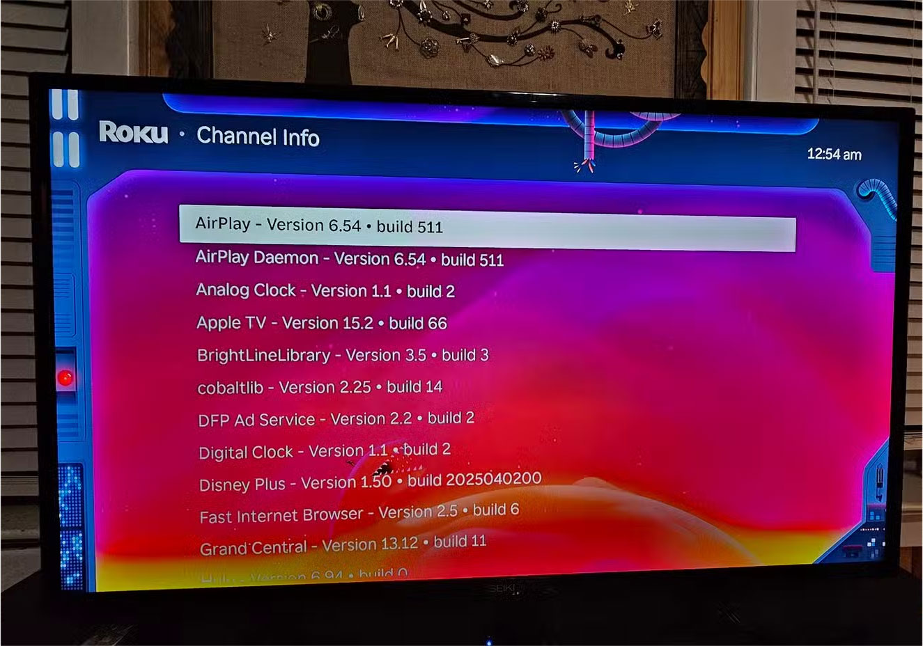 Menu Channel Info liệt kê phiên bản của mọi ứng dụng trên thiết bị Roku
