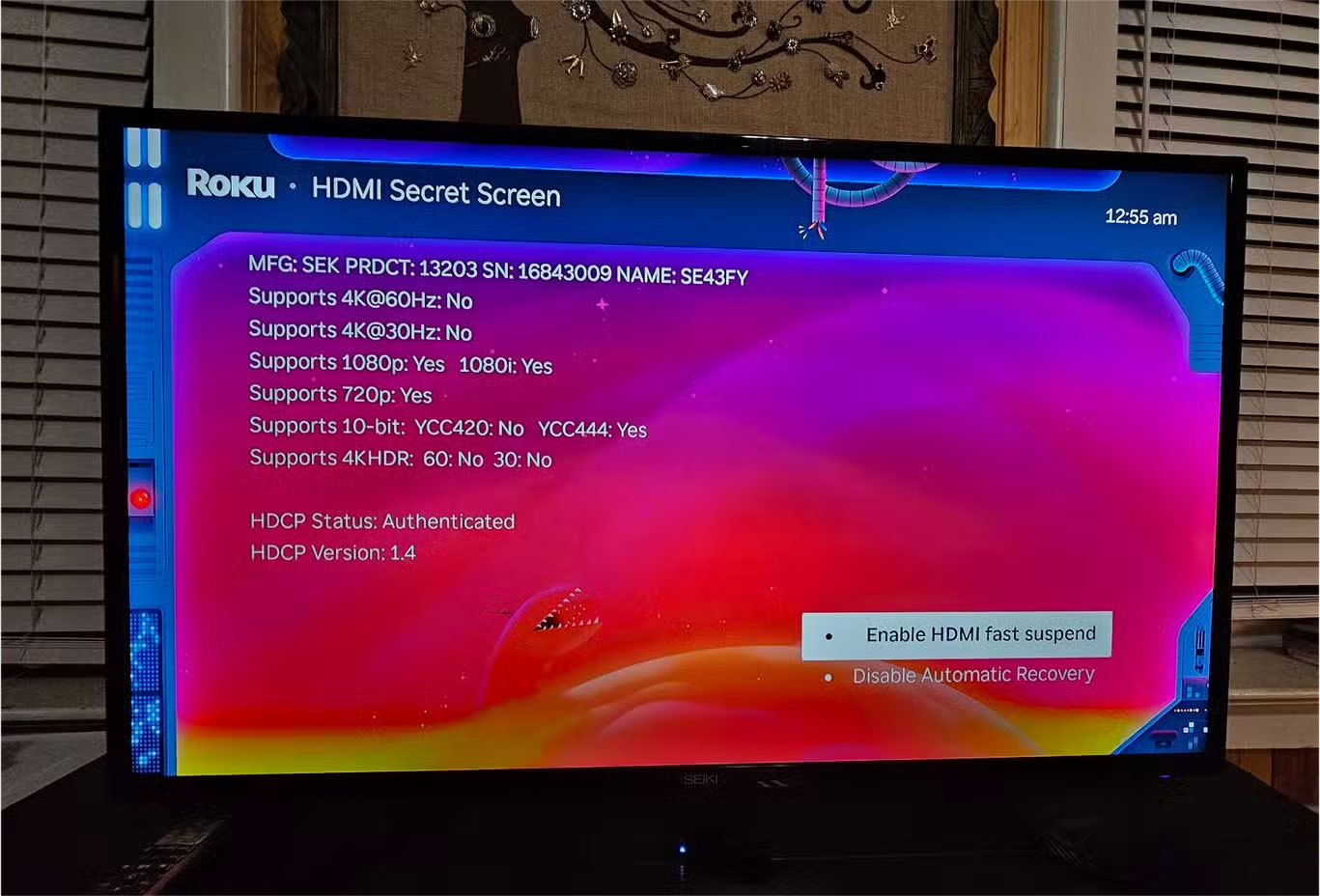 Menu HDMI Secret Screen của Roku, hiển thị thông tin về độ phân giải và tốc độ refresh
