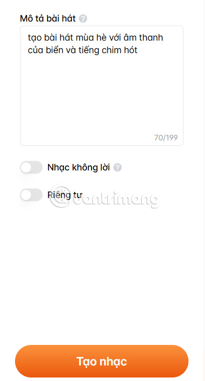 Nhập mô tả bài hát Mmusichero AI