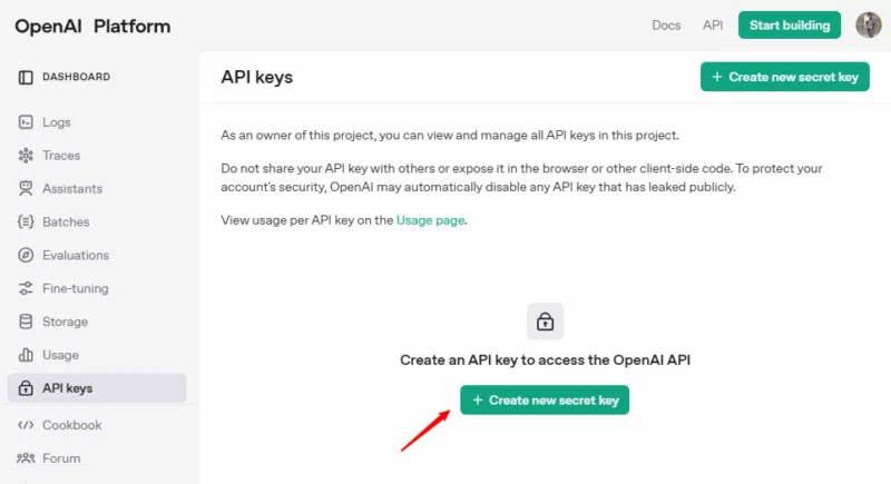 Tạo key bí mật mới để tích hợp ChatGPT với VSCode