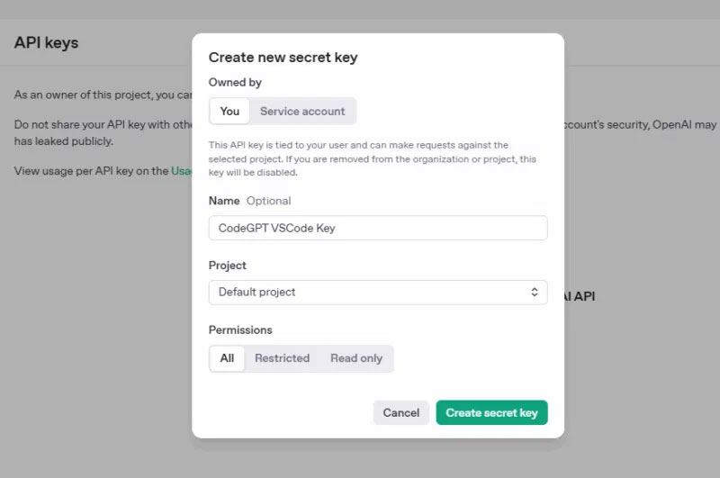 Chỉ định tên API key để tích hợp ChatGPT với VSCode