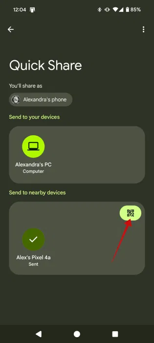 Tùy chọn mã QR trong màn hình Quick Share trên Android.