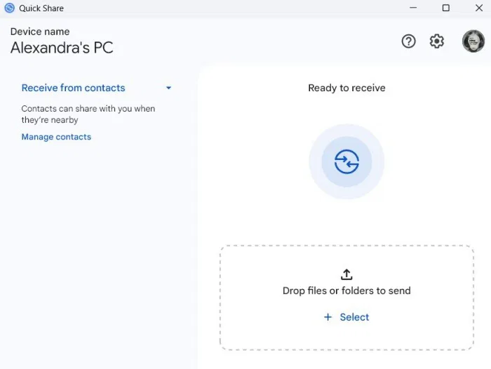 Quick Share trên PC đã sẵn sàng để nhận file.