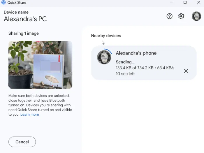 Đang gửi file từ PC sang Android bằng Quick Share.