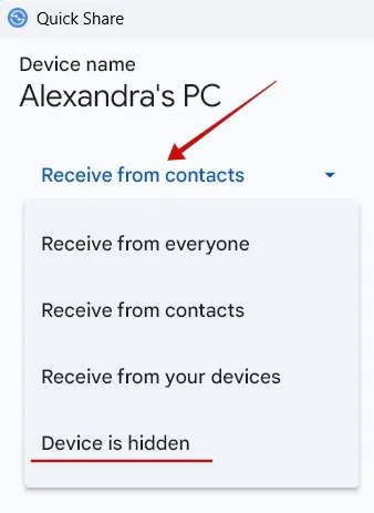 Chuyển sang Device is hidden trong Quick Share trên PC.
