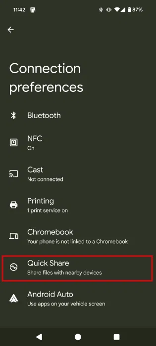 Nhấn vào nút Quick Share trong cài đặt Android.