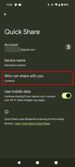 Cấu hình cài đặt Quick Share trên điện thoại Android.