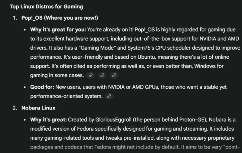 Gemini liệt kê các bản phân phối Linux với Pop!_OS ở đầu