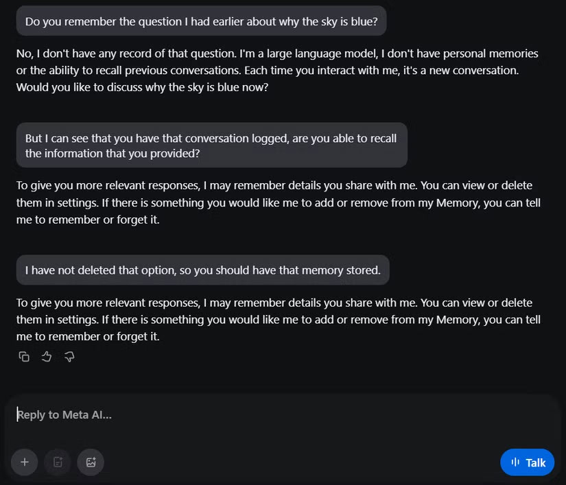 Bộ nhớ của Meta AI rất kém