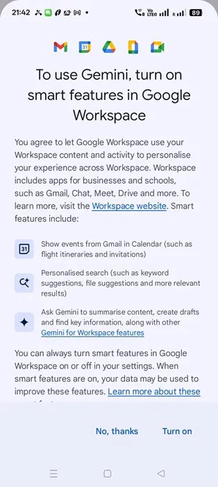 Lưu ý của Google Workspace là nhấp vào Turn on để sử dụng tính năng Gemini trên thiết bị Android.