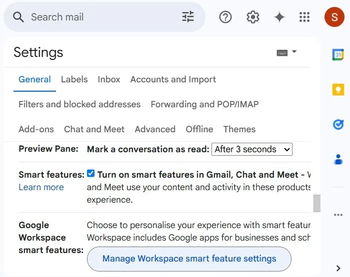 Nhấp vào Manage Workspace smart feature settings trong Gmail.